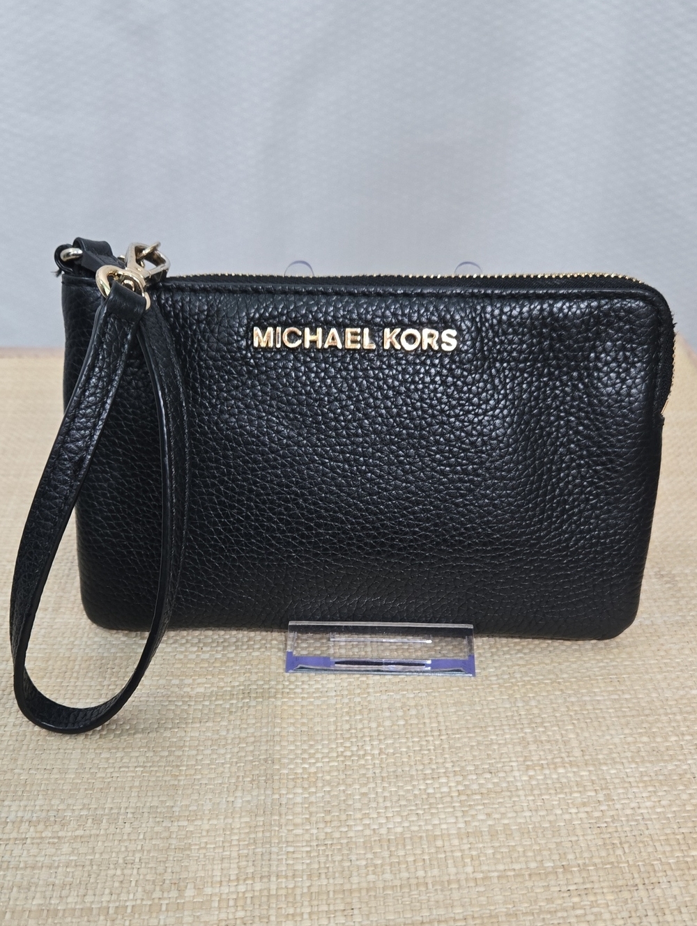Michael Kors Black Leather Wristlet Clutch with Gold Hardware